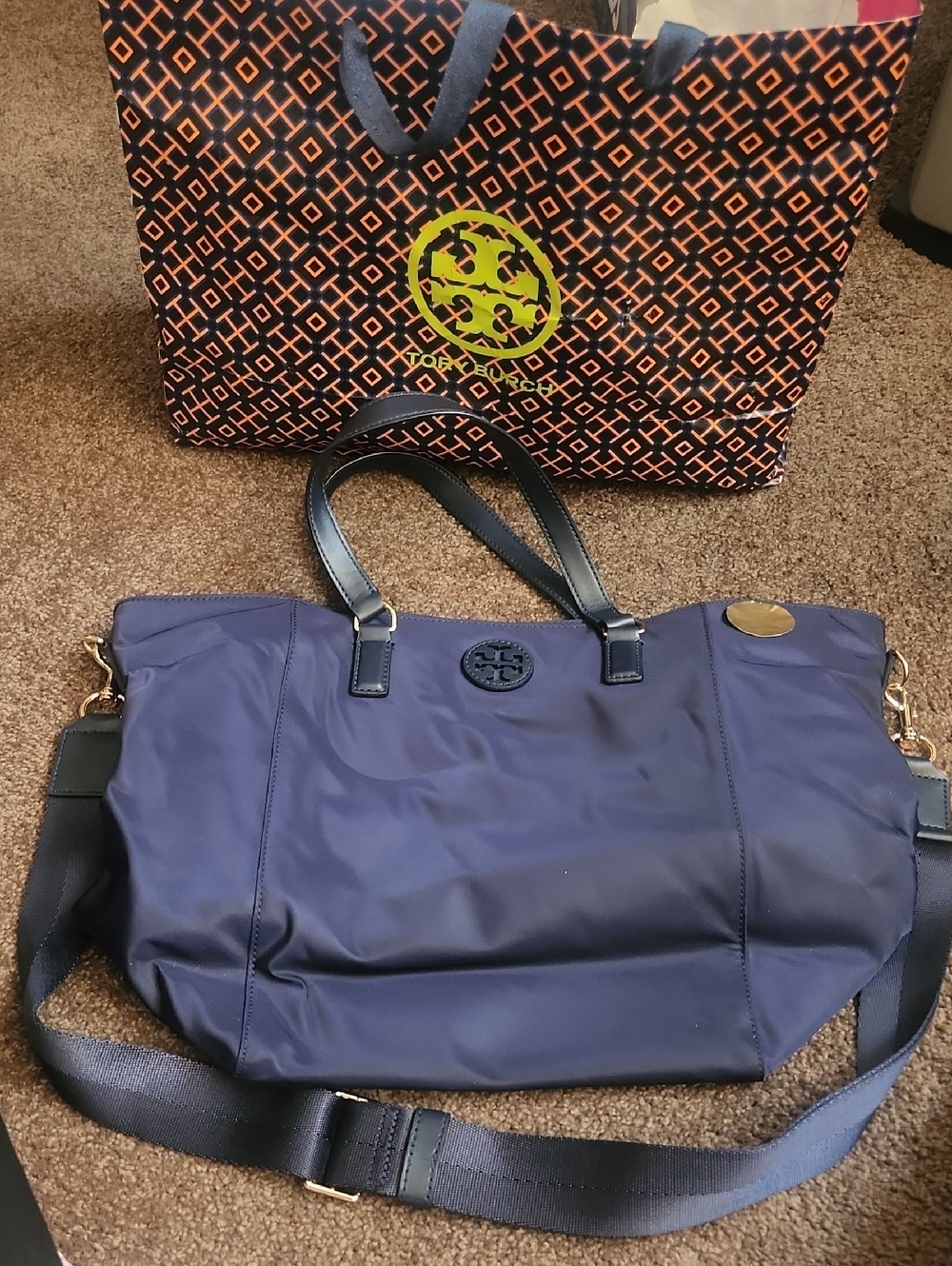 Tory Burch Navy Nylon Tote with Black Trim